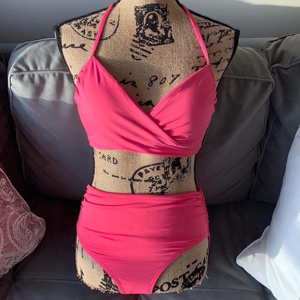 NWT Carmen Marc Valvo for Boston Proper 3 piece pink bikini set.